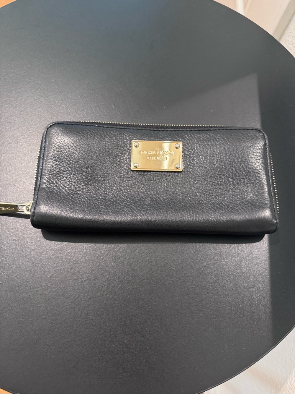 Michael Kors Black Leather Zip Around Wallet with Gold Plaque